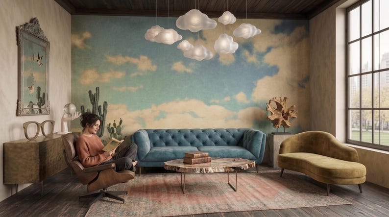 May include: A living room featuring a blue tufted sofa, a mustard yellow chaise lounge, a brown leather armchair, and a live-edge wood coffee table. Above, several white cloud-shaped pendant lights hang against a wall mural of a blue sky.