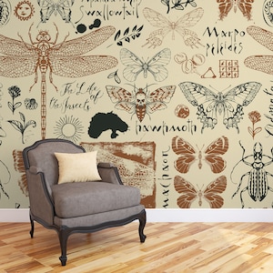 Retro wallpaper with insects and inscriptions, vintage, self adhesive, peel and stick wallpaper, removable peel and stick wallpaper #369