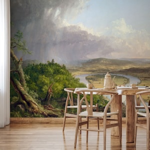 Landscape wallpaper, view of the river, vintage art wall mural, self adhesive, peel and stick, removable or regular wallpaper #801