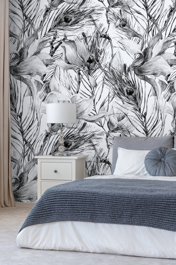 Feathers Black And White Peel And Stick Wallpaper – Uniquely Wallpaper - View #12