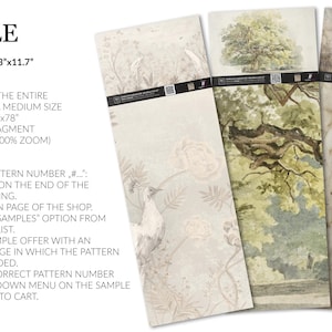 May include: Three vertical wallpaper samples measuring 84x29.7cm or 33x11.7 inches. The left sample features a light peacock and floral design. The center sample shows a detailed green tree. The right sample displays a neutral-toned landscape.