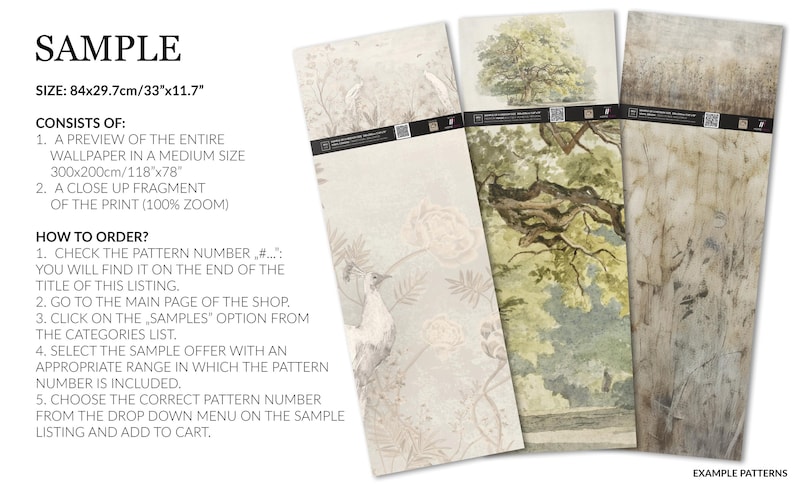 May include: Three vertical wallpaper samples measuring 84x29.7cm or 33x11.7 inches. The left sample features a light peacock and floral design. The center sample shows a detailed green tree. The right sample displays a neutral-toned landscape.