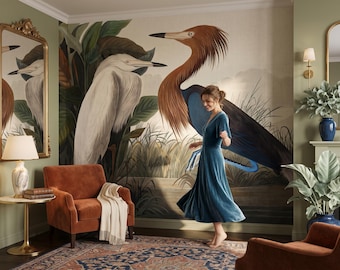 Heron wallpaper, bird print wall mural, retro style wall decor, wall art, home decor, self adhesive peel and stick or traditional vinyl #258