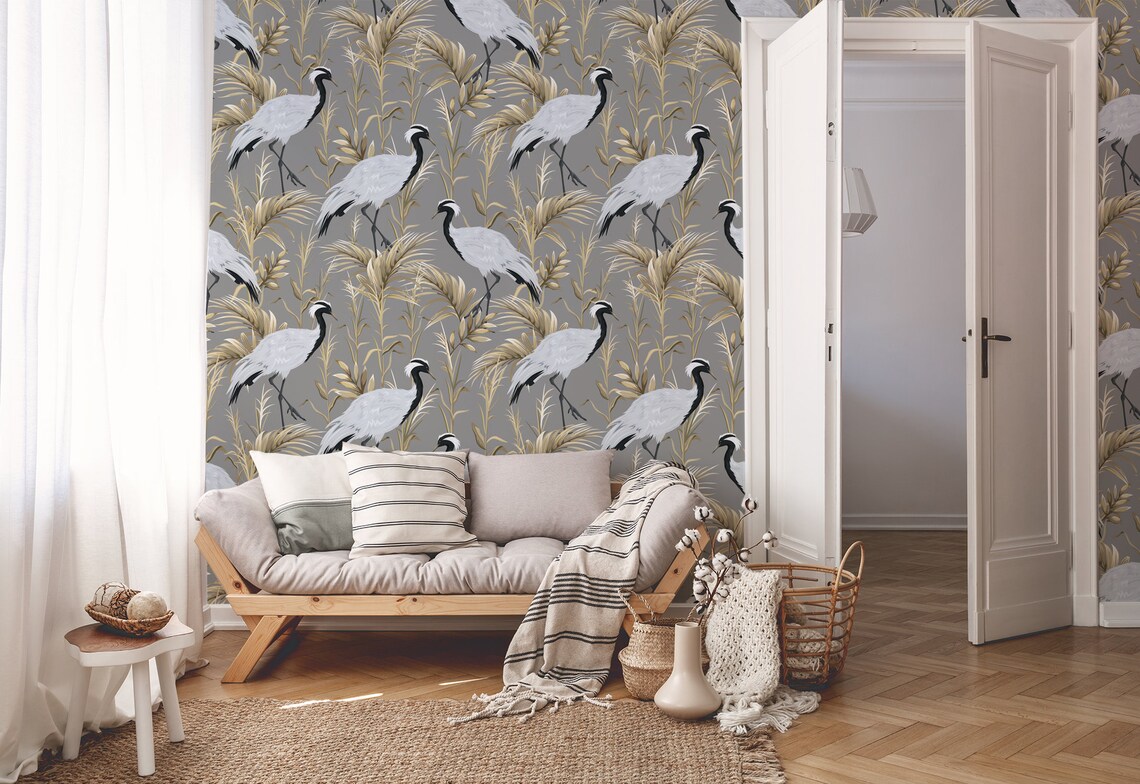 Cranes Wallpaper Mural With Floral Elements Peel and Stick - Etsy