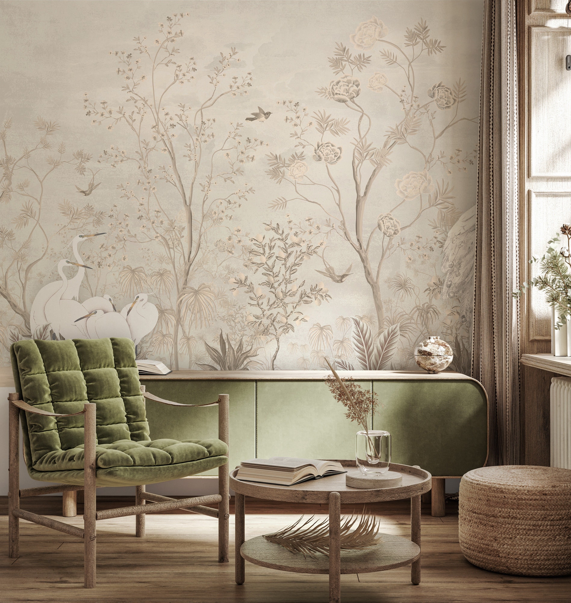 Vintage Chinoiserie Wallpaper, Birds in the Garden Wall Mural, Floral ...