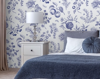 Carta da parati con bouquet floreali blu, autoadesiva, carta da parati stacca e attacca, decorazione murale, carta da parati stacca e attacca rimovibile #428