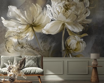 Dark painted flower wallpaper, vintage botanical home decor, custom wallpaper, peel and stick, self adhesive or regular wallpaper #867
