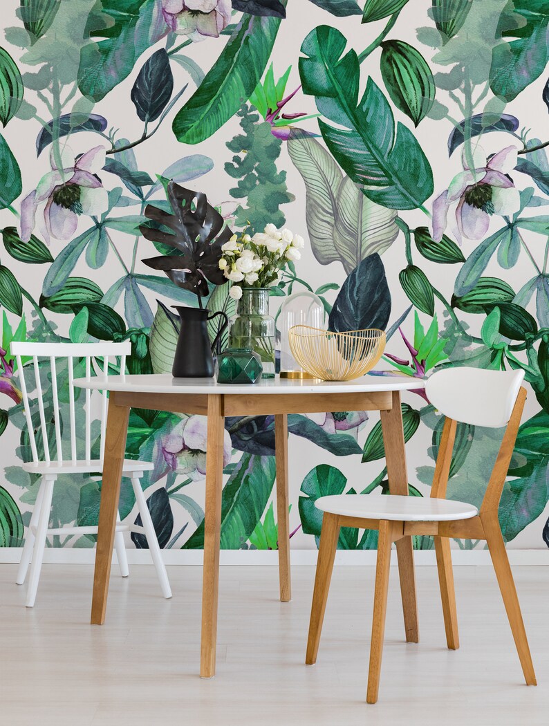 Watercolor jungle wallpaper self adhesive vintage tropical Etsy