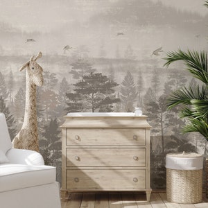 Vintage forest landscape, foggy trees, beige wall mural, self adhesive, peel and stick mural, removable or traditional wallpaper #580
