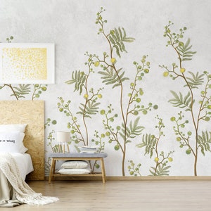 Watercolor yellow flowers wall mural, self adhesive, removable, peel and stick wallpaper, wall art, floral wall decor #356