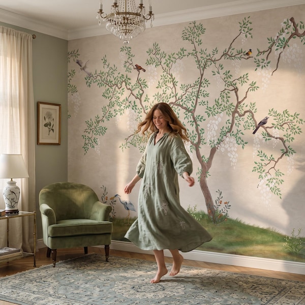 Bird tree retro wall mural, vintage chinoiserie wallpaper, botanical wall art, self adhesive peel and stick or traditional vinyl #351