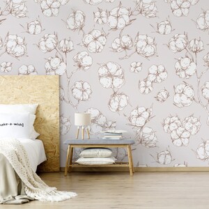 Vintage floral wallpaper, pattern with cotton flowers, custom wallpaper, peel and stick, self adhesive or regular wallpaper #671