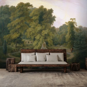 Painting landscape wallpaper, fountain in the park, green trees mural, self adhesive, peel and stick, removable or regular wallpaper #800