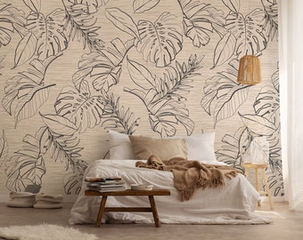 Monochrome leaves self adhesive wallpaper, removable wallpaper, vintage peel and stick wallpaper, floral wall mural, wall mural #105