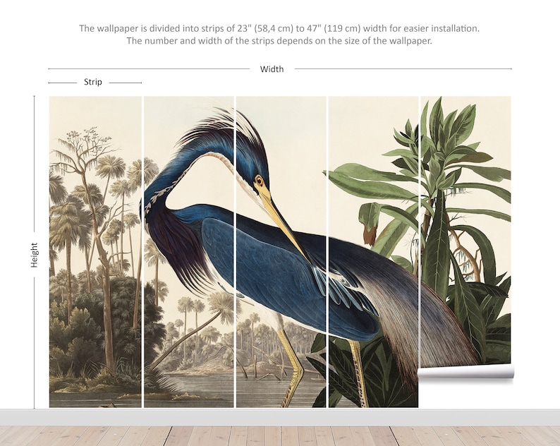 Blue Heron Wallpaper Mural Peel and Stick Vintage Removable Etsy