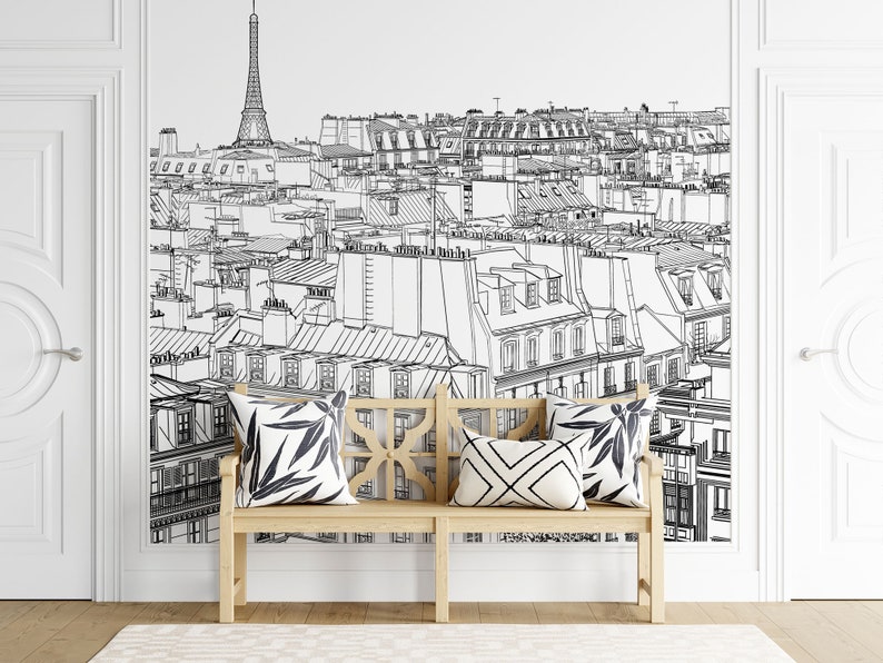 Paris landskapstapet, vintage väggmålning, linjekonst väggmålning, självhäftande, självhäftande väggmålning, avtagbar eller traditionell tapet #594 bild 1