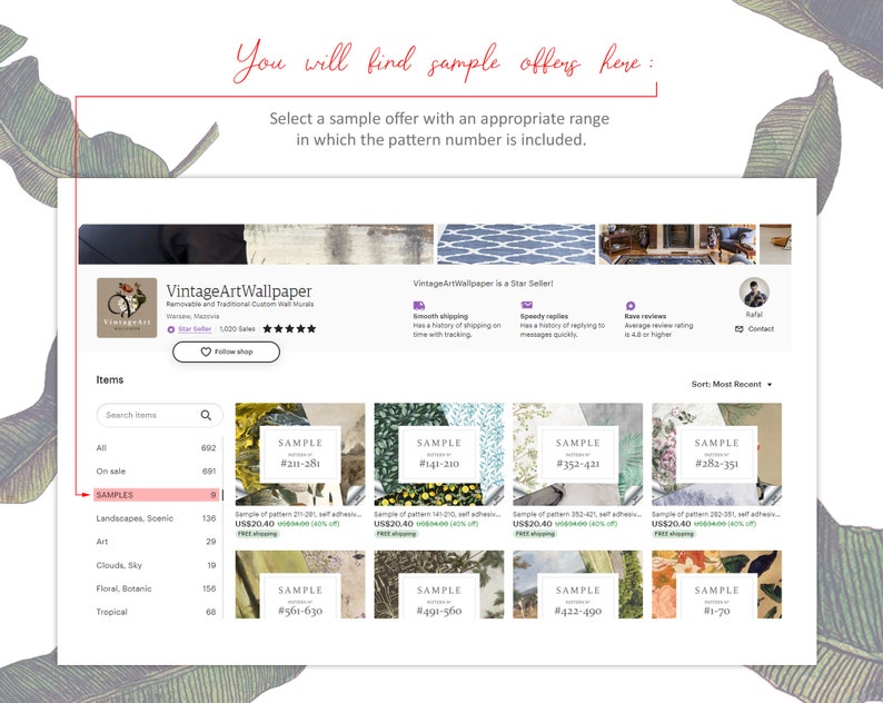 Puede incluir: Una captura de pantalla de una p&aacute;gina de tienda Etsy para VintageArtWallpaper, un vendedor destacado. La tienda vende murales de pared personalizados tradicionales y extra&iacute;bles. La p&aacute;gina muestra una variedad de patrones de papel tapiz de muestra, incluidos dise&ntilde;os florales, bot&aacute;nicos y tropicales. La tienda ofrece env&iacute;o gratuito en pedidos superiores a 20,40&nbsp;$US.