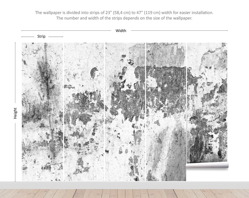 Puede incluir: Un papel tapiz en blanco y negro con un aspecto desgastado y texturado. El papel tapiz est&aacute; dividido en tiras de 58,4 cm a 119 cm de ancho para una instalaci&oacute;n m&aacute;s f&aacute;cil. El n&uacute;mero y el ancho de las tiras depende del tama&ntilde;o del papel tapiz.