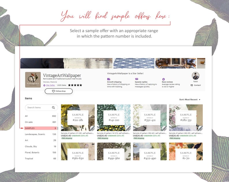 May include: A digital interface for the VintageArtWallpaper Etsy shop, displaying a grid of sample wallpaper listings. Each listing features a white rectangular overlay with the text SAMPLE followed by a specific numerical pattern range.