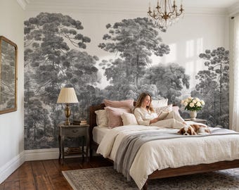 Black and white scenic wall mural with a forest and a lake, wall art, home decor, self adhesive peel and stick or traditional vinyl #321