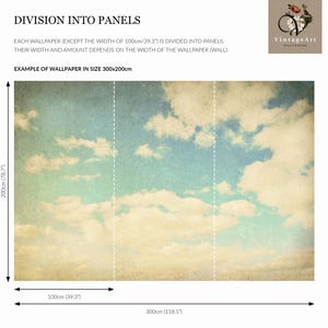 May include: A rectangular wallpaper mural featuring a vintage-style blue sky with white clouds, divided into three vertical panels by dashed white lines. Text includes 'DIVISION INTO PANELS' and dimensions of 300cm by 200cm or 118.1 by 78.7 inches.