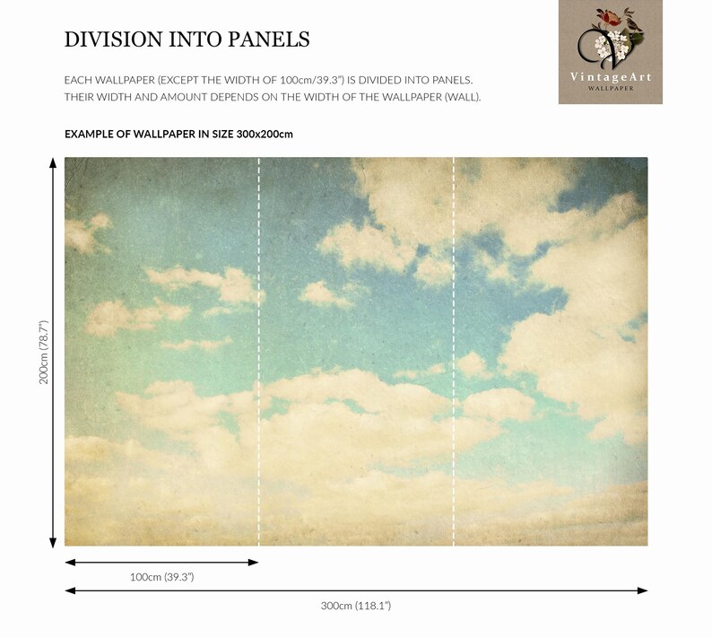 May include: A rectangular wallpaper mural featuring a vintage-style blue sky with white clouds, divided into three vertical panels by dashed white lines. Text includes 'DIVISION INTO PANELS' and dimensions of 300cm by 200cm or 118.1 by 78.7 inches.