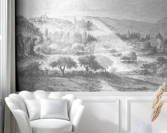 Vintage etching wall mural, landscape wallpaper, vintage art wall mural, self adhesive, peel and stick, removable or regular wallpaper #818