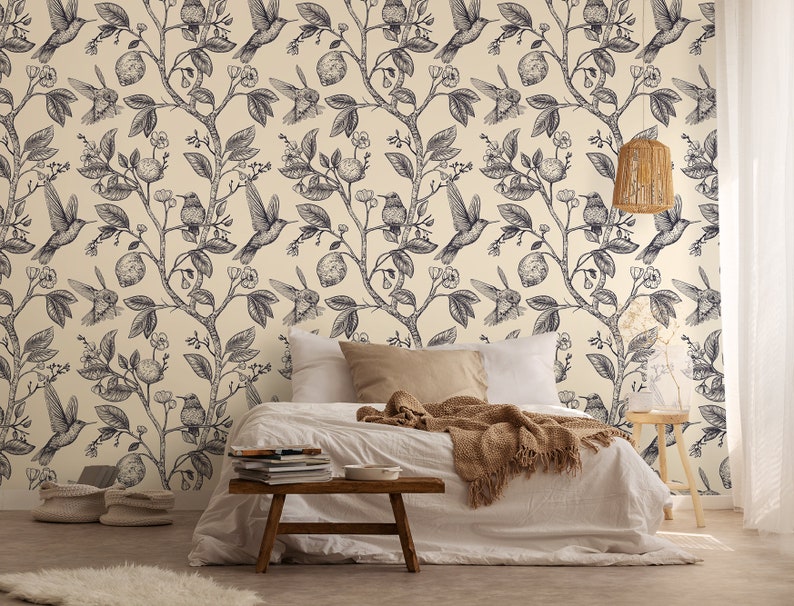 Vintage Removable Wallpaper Sketch Pattern With Hummingbirds Etsy