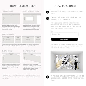 May include: An instructional guide for measuring walls and ordering wallpaper. The image features diagrams for regular, door-window, multiple, sloped, and staircase walls, alongside a step-by-step ordering process with a dropdown menu and a preview.