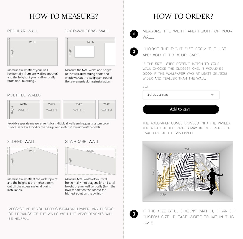 May include: An instructional guide for measuring walls and ordering wallpaper. The image features diagrams for regular, door-window, multiple, sloped, and staircase walls, alongside a step-by-step ordering process with a dropdown menu and a preview.