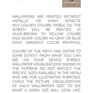 May include: A disclaimer notice for VintageArt Wallpaper featuring a logo with floral illustrations. The text explains that wallpapers are printed without metallic or shiny effects, noting that golden colors appear as olive-brown to yellow.