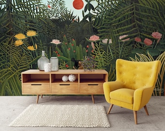 Wall mural by Henri Rousseau, virgin forest landscape, peel and stick, self adhesive wallpaper, vintage wall decor, Rousseau wallpaper #336