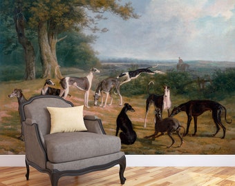 Dogs in a landscape wall mural, self adhesive, peel and stick wallpaper, removable peel and stick wallpaper #425