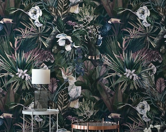 Dark jungle wallpaper, self adhesive watercolor wall mural, tropical vintage removable wallpaper, peel and stick wallpaper #92