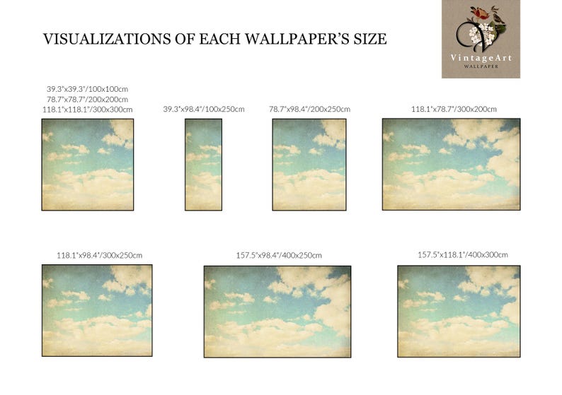 Vintage clouds wallpaper, retro wallpaper, sky old wall art, home decor, self adhesive peel and stick or traditional vinyl #10 image 4