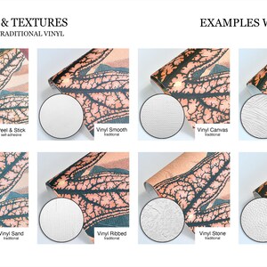May include: A comparison chart titled MATERIALS & TEXTURES and EXAMPLES WITH PRINT showing eight types of vinyl wallpaper finishes. Each sample displays a leaf-vein pattern and a circular inset highlighting the specific texture: Peel & Stick, Vinyl Smooth, Vinyl Canvas, Vinyl Brush, Vinyl Sand, Vinyl Ribbed, Vinyl Stone, and Vinyl Leather.