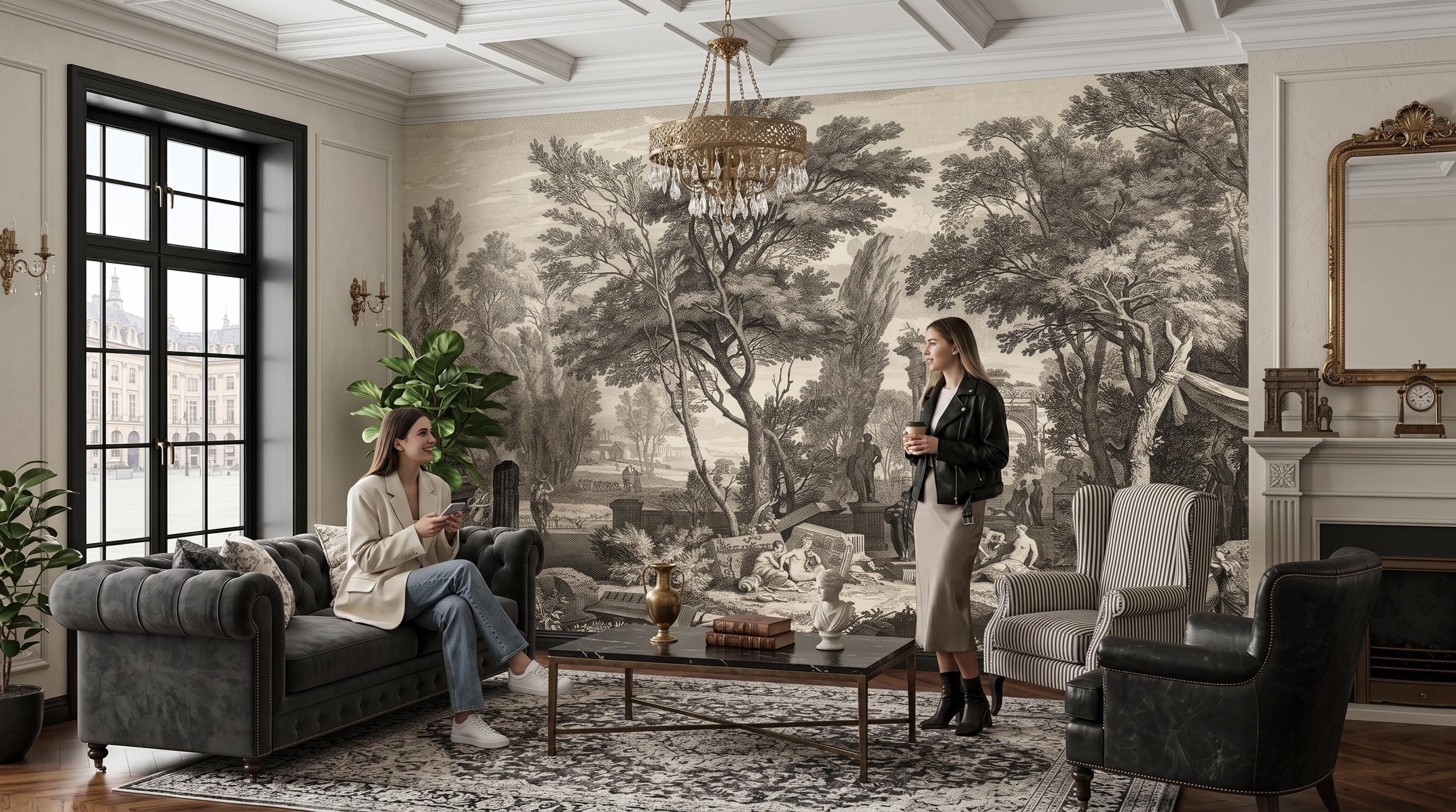 Vintage Landscape Wall Mural, Etching Wallpaper by Moucheron, Wall