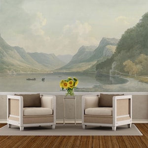 Vintage landscape wallpaper, mountains and lake wall mural, self adhesive, peel and stick mural, removable or traditional wallpaper #600
