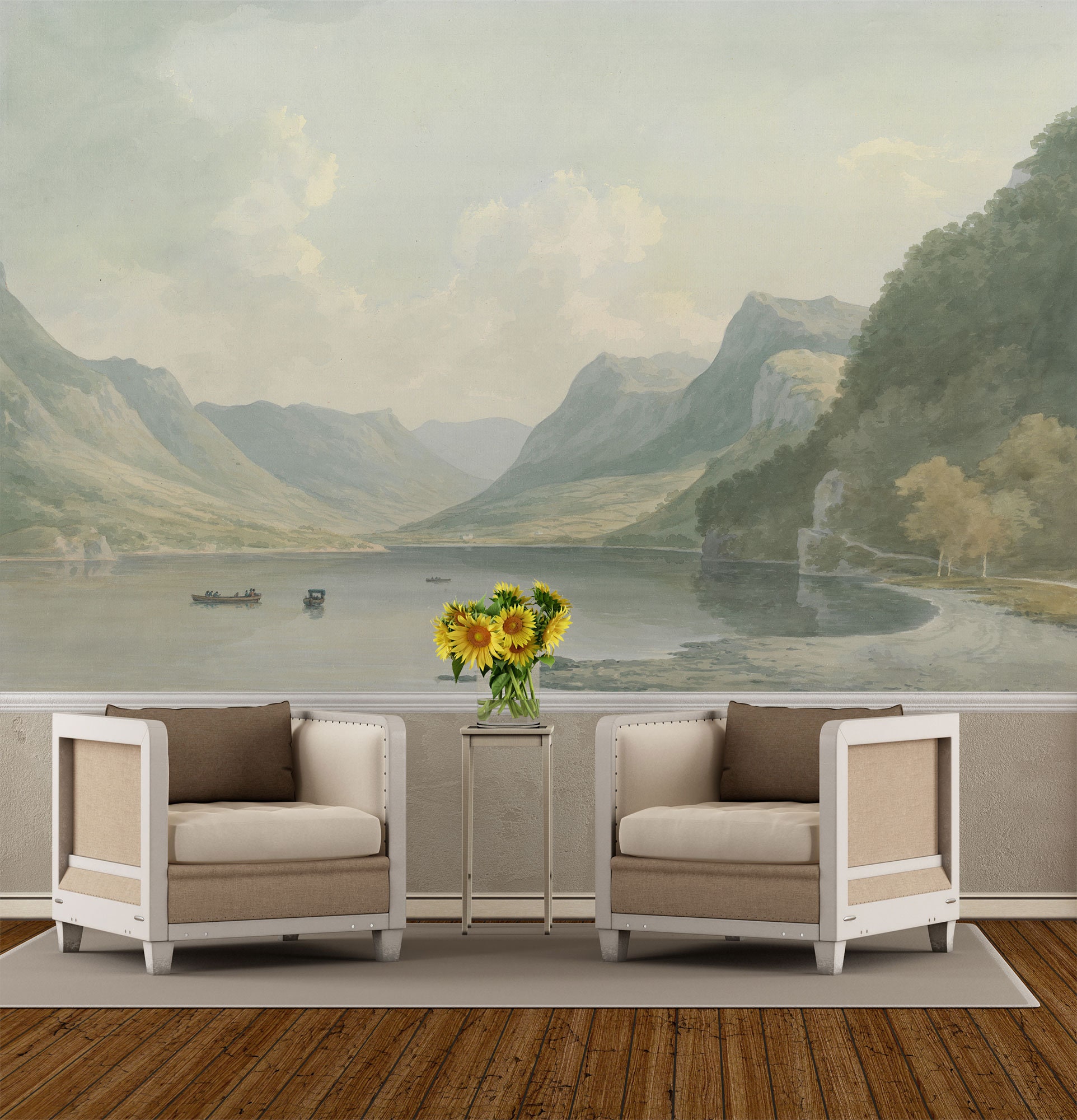 Vintage landscape wallpaper, mountains and lake wall mural, self adhesive, peel and stick mural, removable or traditional wallpaper #600