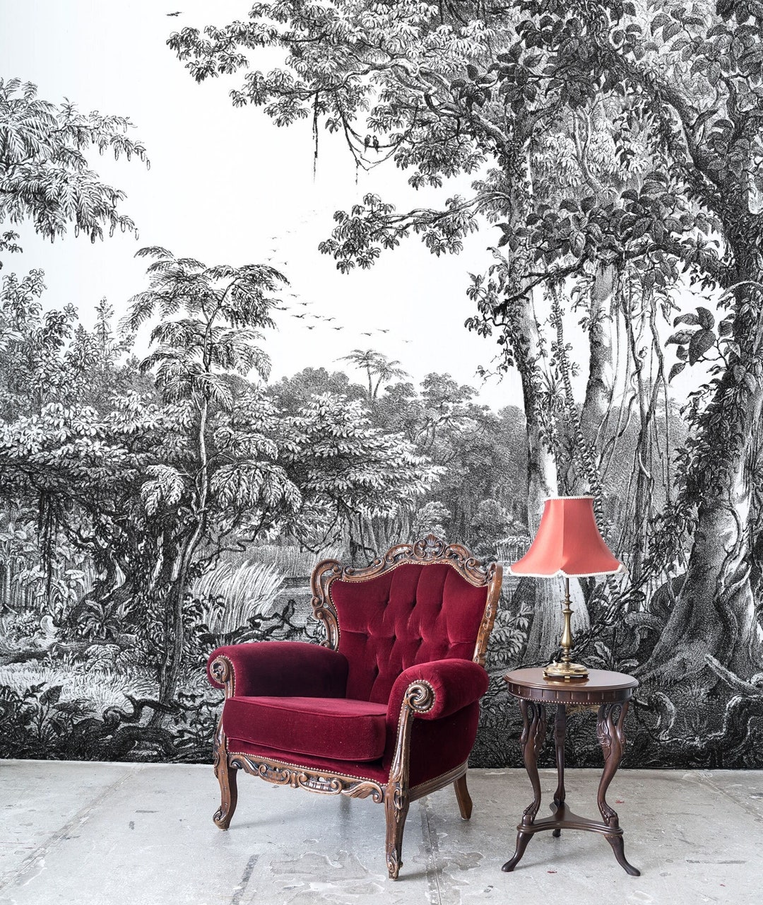 Tropical Landscape Wallpaper, Black and White, Jungle Wall Mural, Peel