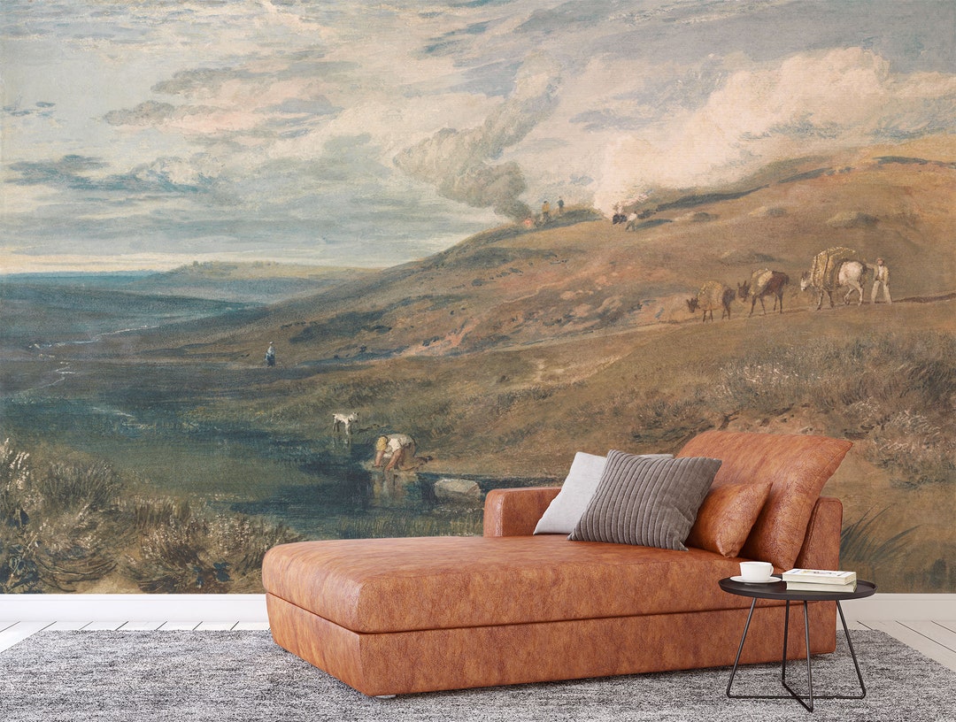 Rural Mountain Landscape Wallpaper, Vintage Scenic Wall Mural, Self