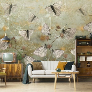 Butterfly vintage wall mural, grunge wallpaper, self adhesive, peel and stick wallpaper, wall decor, removable peel and stick wallpaper#306