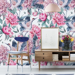 Flowers and cranes wallpaper, peel nad stick watercolor wall mural, vintage wallpaper mural, temporary removable wallpaper #111
