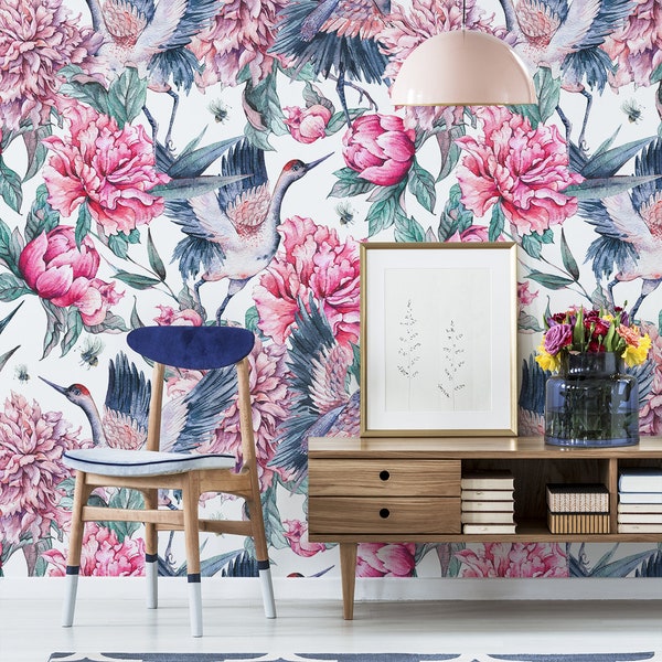 Flowers and cranes wallpaper, peel nad stick watercolor wall mural, vintage wallpaper mural, temporary removable wallpaper #111