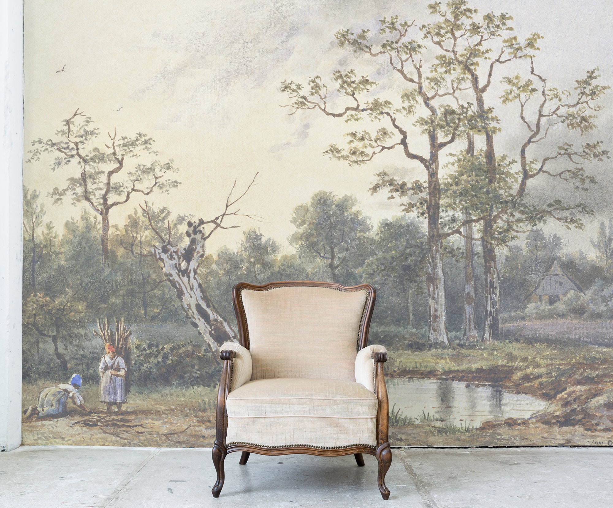 ヴィンテージ湖の風景画の壁画、剥がして貼るレトロな壁紙、自己接着式