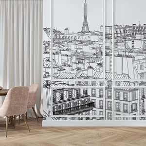 Paris landskapstapet, vintage väggmålning, linjekonst väggmålning, självhäftande, självhäftande väggmålning, avtagbar eller traditionell tapet #594 bild 4