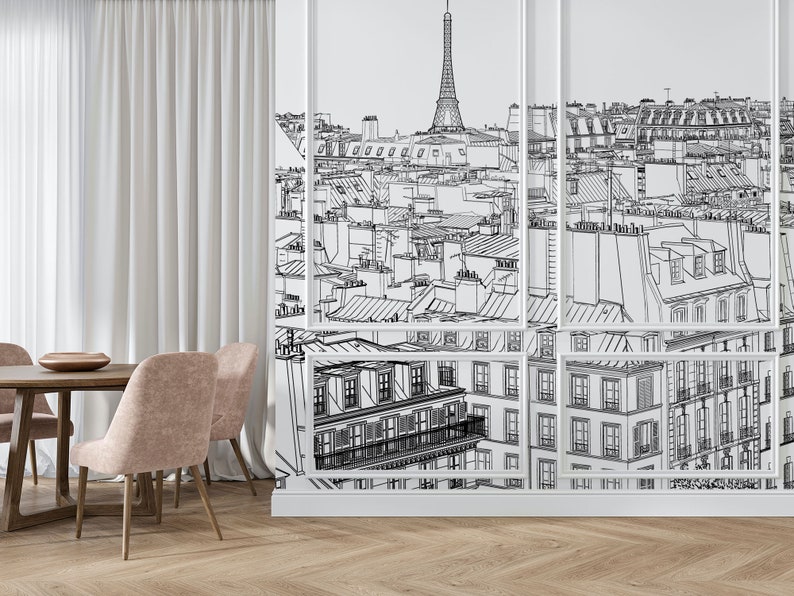 Paris landskapstapet, vintage väggmålning, linjekonst väggmålning, självhäftande, självhäftande väggmålning, avtagbar eller traditionell tapet #594 bild 4