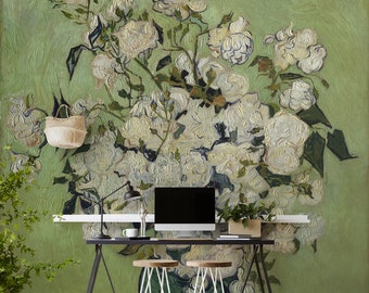 Green bouquet wall mural, Van Gogh painting, peel and stick wallpaper, vintage art wall mural, retro home decor #206