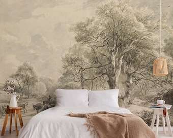 Vintage removable wall mural with rural landscape, peel and stick wallpaper, old sketch, retro home decor #205
