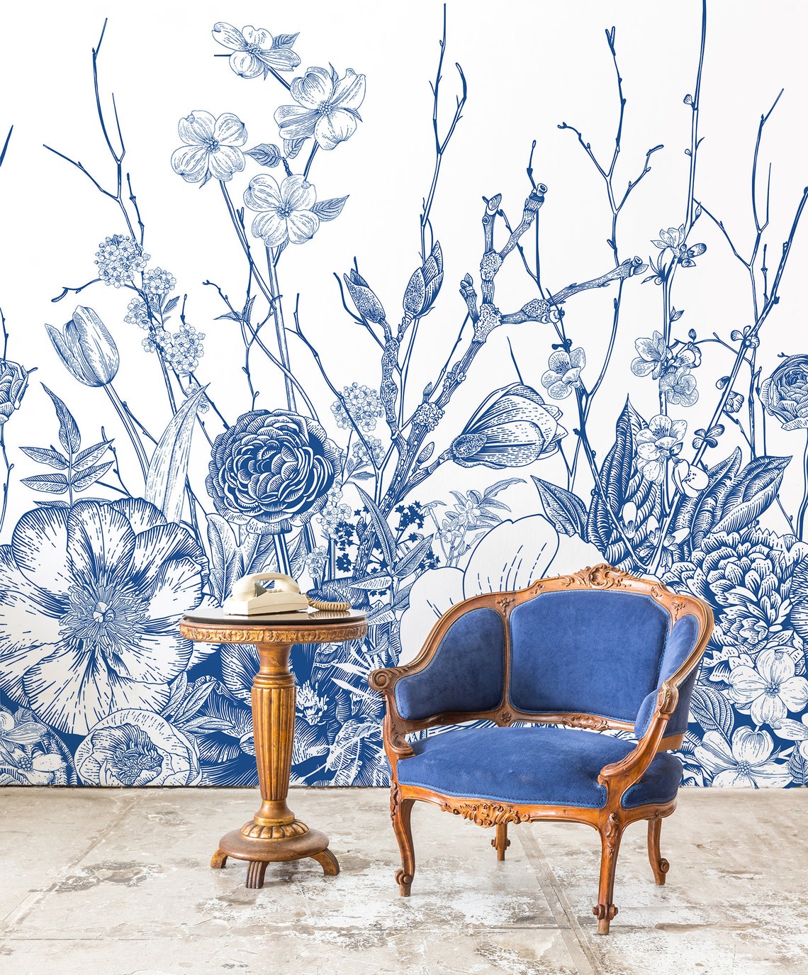 Blue Floral Wall Mural Peel and Stick Wallpaper Retro Wall | Etsy